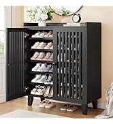IRONCK Shoe Cabinet with Slatted Doors, 6-Tier Shoe Storage Cabinet with Adjustable Shelves, Wood...