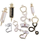 BWESOO 9Pcs Nurse Theme Charms Pendant Gold Plated Enamel Pendant Stethoscope Syringe Nurse Cap H...