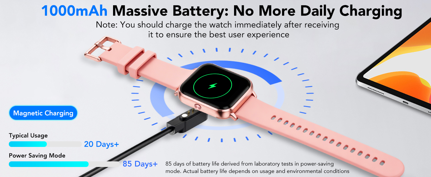 Text reads '1000mAh Massive Battery: No More Daily Charging'. Technical diagram showing device battery features with power indicator display.