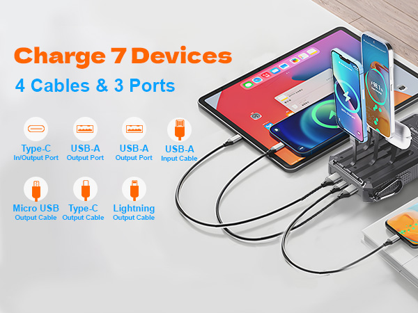 Portable Phone Charger, 4 Cables Outdoor Waterproof External Backup Power Charger with USB-C