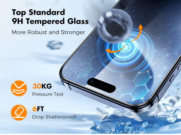 9H tempered glass screen protector for smartphones. Features include 30KG pressure test and 6FT drop shatterproof protection. Image shows liquid droplet impact demonstration.