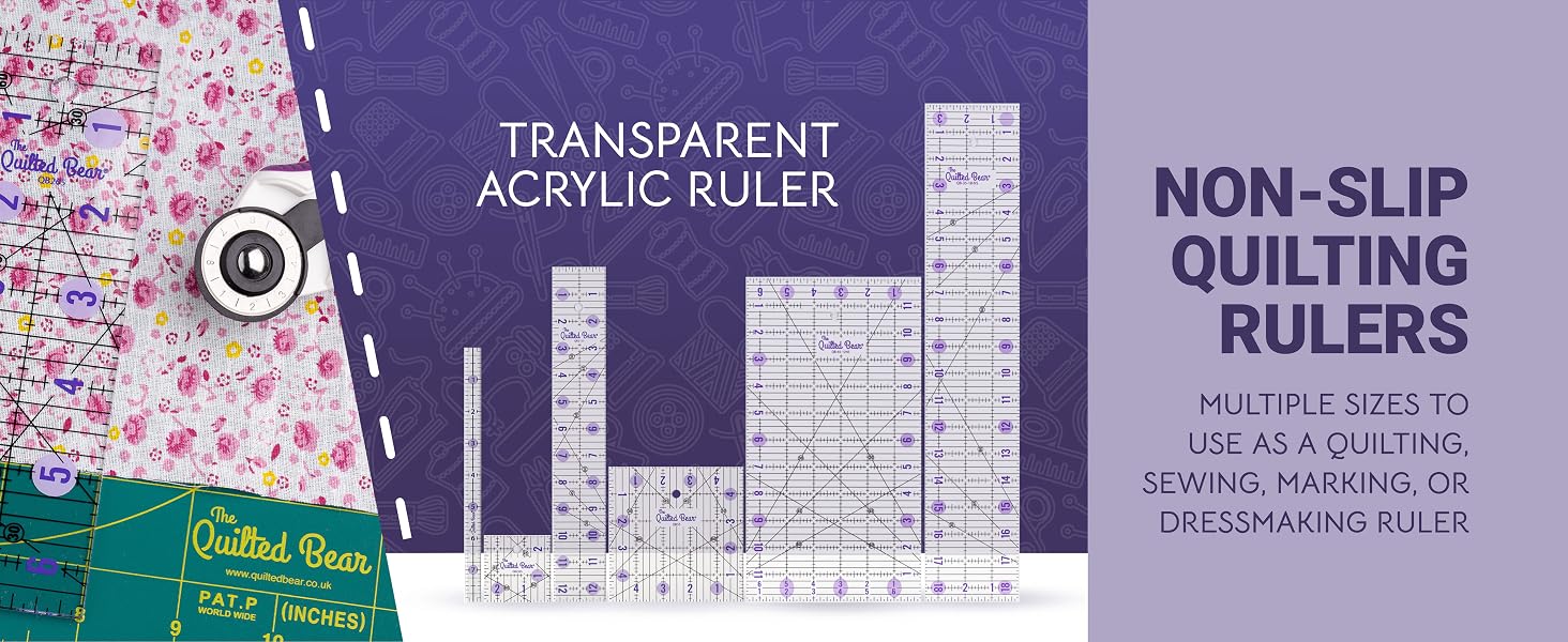 Transparent acrylic quilting rulers with various sizes and measurements. Designed for non-slip use in quilting, sewing, and marking. Shown against colorful fabric and product packaging.