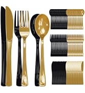 FALIZIFU 150 pcs Black and Gold Plastic Cutlery Set Disposable Heavy Duty Plastic Knives Forks an...