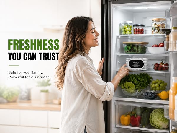 Woman opening fresh organized refrigerator with Meritell Pure deodorizer