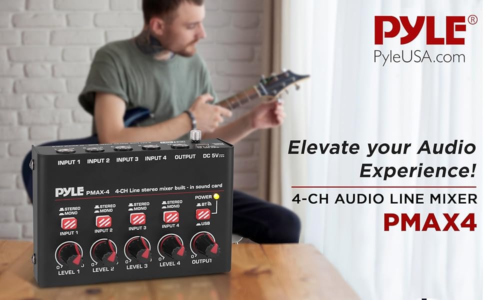 4-Channel Wireless BT Streaming Mini Line Mixer with USB Audio Interface