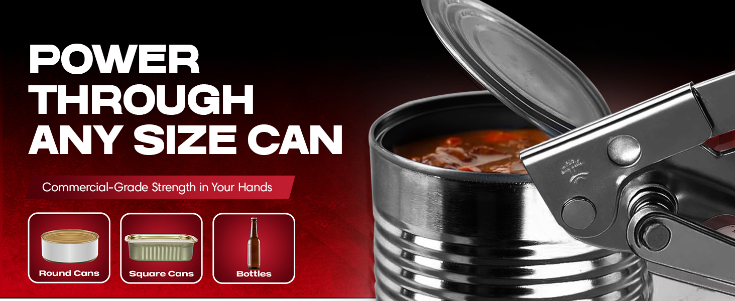 Can Opener Heavy Duty - Manual Hand Crank for Large Cans with Anti-Slip Grip - Stainless Steel