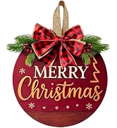 Ksdkrme Merry Christmas Wreath Door Hanger Sign Decor | Wooden Welcome Wreaths Sign with Bow, for...