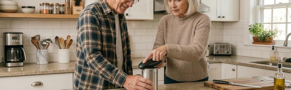 Two seniors opening a can using a can opener