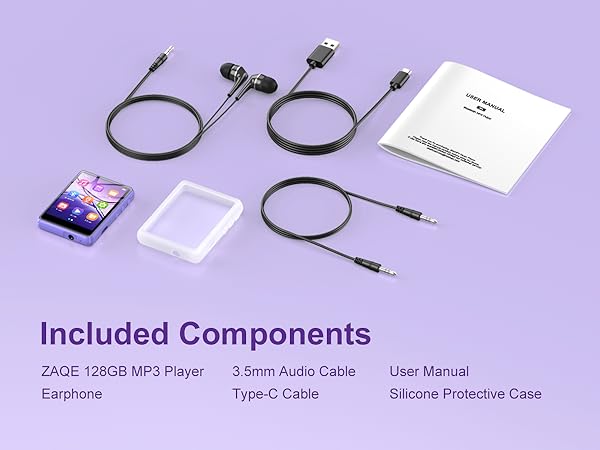 MP3 player kit with 128GB player, earphones, USB and audio cables, silicone case, and user manual. Components laid out on purple background with labeled diagram.