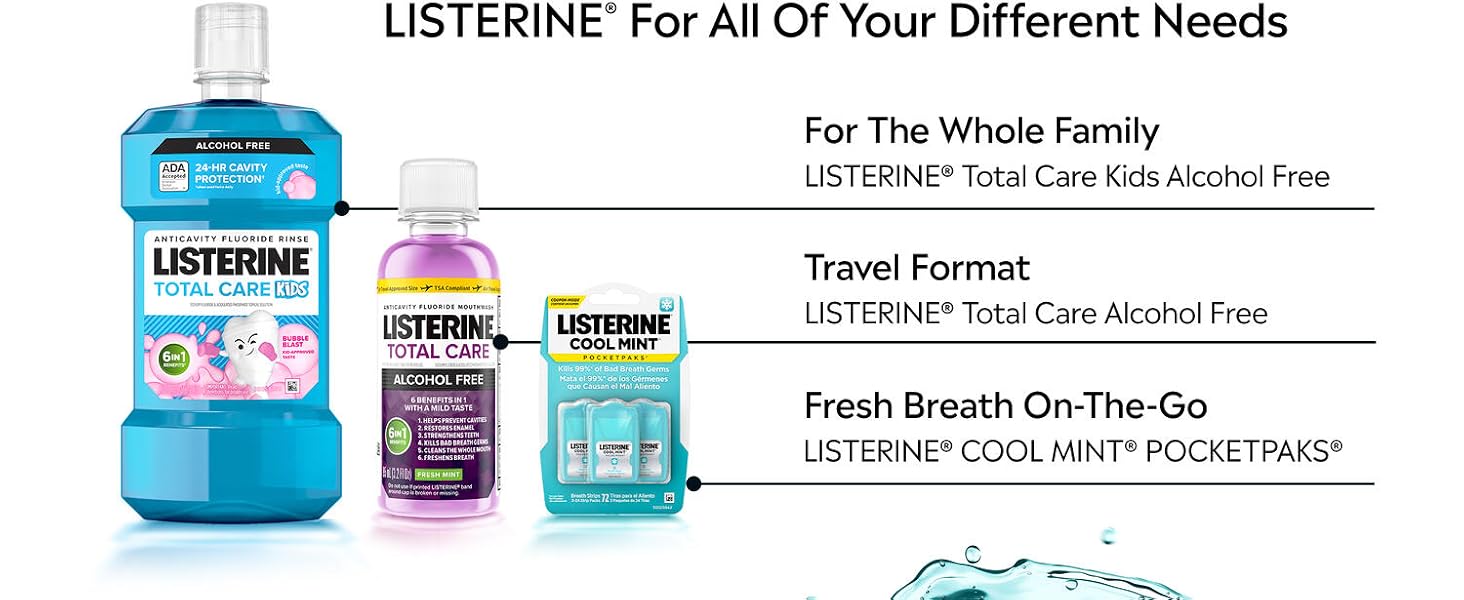 listerine products listed: kids alcohol free, travel format, pocketpak format