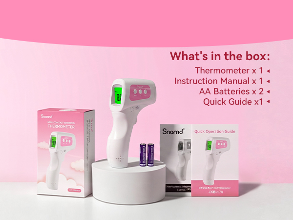 What's in the box: Thermometer x 1, Instruction Manual x 1, AA Batteries x 2, Quick Guide x1