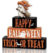 Smile 4 Pcs Wooden Blocks Signs, Happy Halloween Indoor Decorations, Trick or Treat Farm Decor Sp...