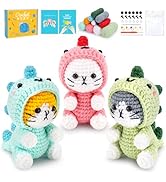 Crochet Kit for Beginners - 3 PCS Dinosaur Cat Crochet Kits with Step-by-Step Video Tutorials, Be...