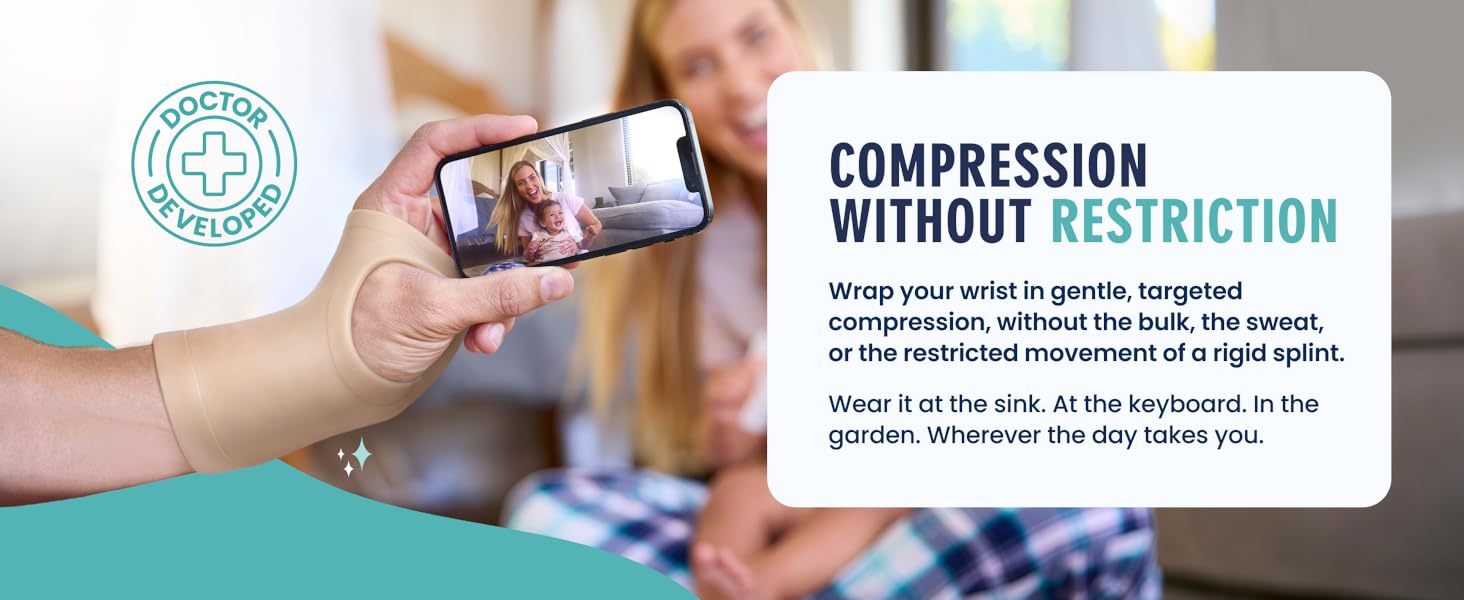 hand wearing wrist compression brace holding phone showing carpal tunnel brace for daily tasks