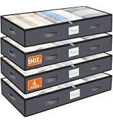 SpaceWhisper 90L Under Bed Storage Containers, 4-Pack Storage Bins with Clear Top, Foldable Close...