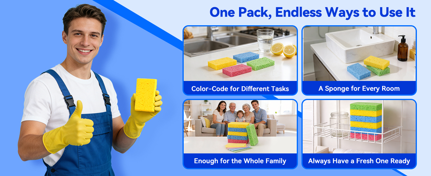 olorful cellulose sponges used near kitchen and bathroom sinks for household cleaning tasks.