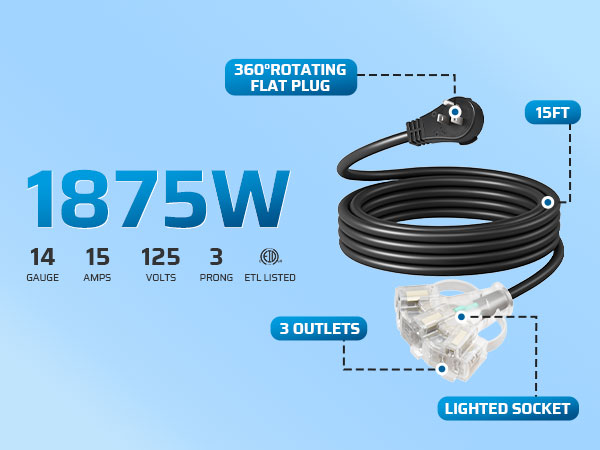 360° Rotating Flat Plug Outdoor Extension Cord