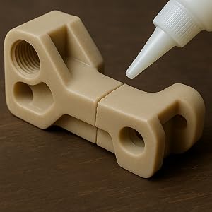 Applying super glue to join a 3D printed mechanical part on a wooden surface