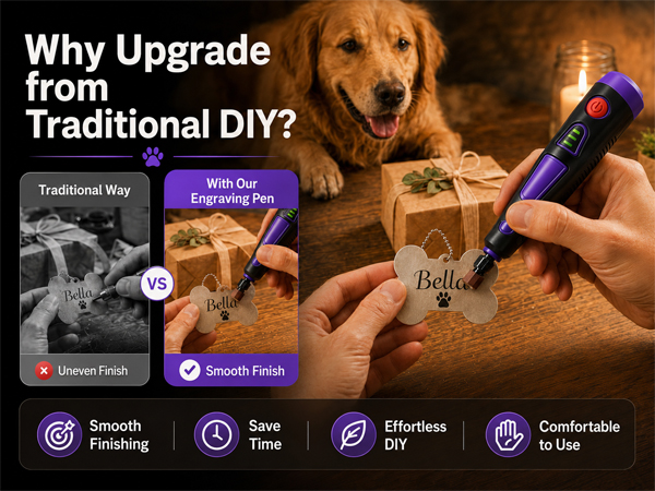 Cordless engraving pen customizing a metal dog tag. precise finishes