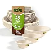 BREFR 45 Pack Compostable Bowls, Multi-Size Sample Pack – 12oz, 16oz, 32oz Biodegradable Sugarcan...