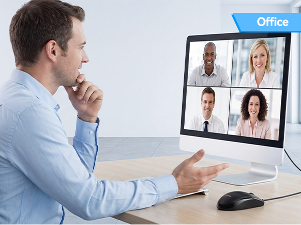 Text reads 'Office'. Man in light blue shirt on video conference call with four participants visible on monitor screen. Demonstrates remote work and virtual meeting functionality in professional office setting.