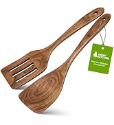 AIUHI 2Pcs Wooden Spatulas, Teak Wood Long Handle Flat Frying Turner, Nonstick Cooking Utensils S...