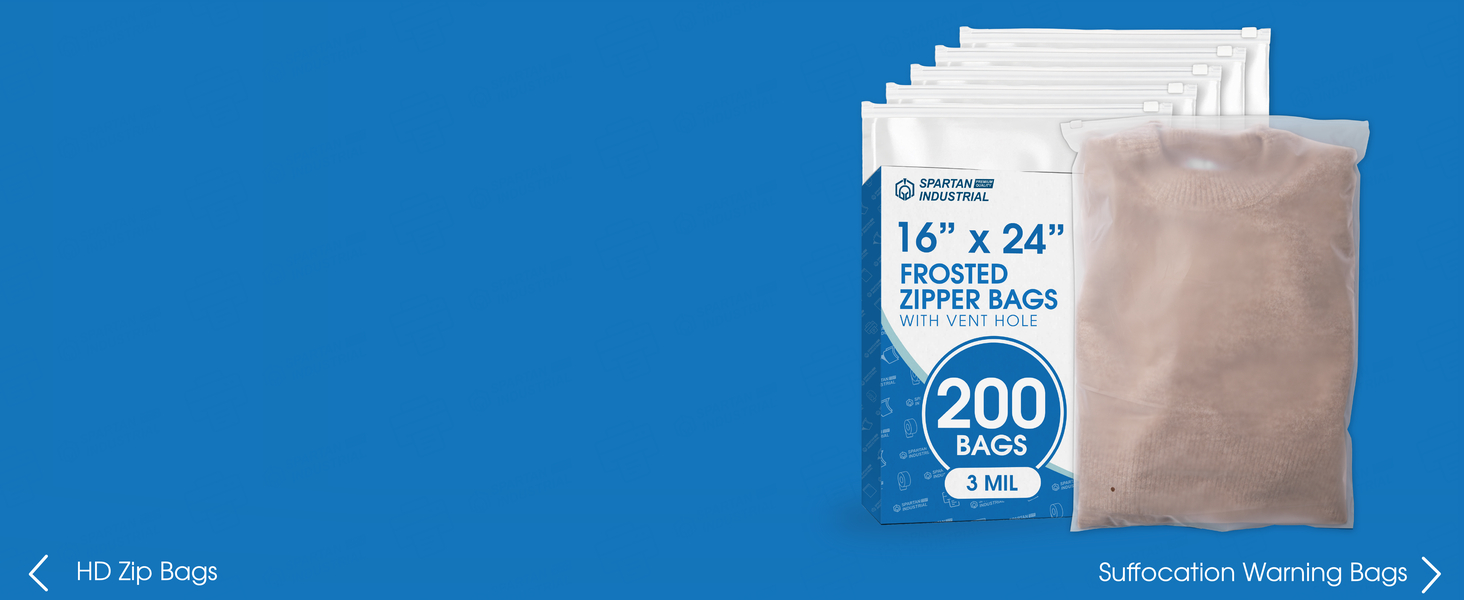 A frosted slider bag packed with a sweater in front of its packaging on a blue background