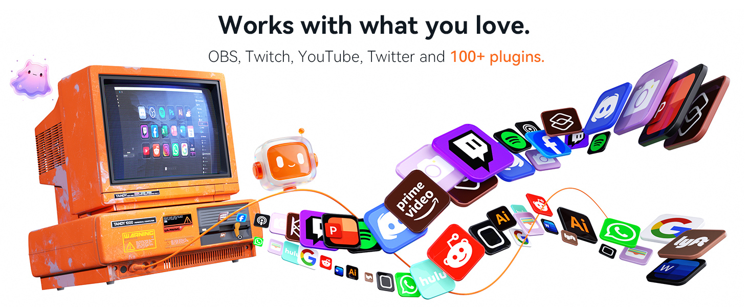 Text reads 'Works with what you love.' Orange retro-style gaming console/arcade machine on left surrounded by colorful emoji and social media app icon stickers on right. Product connectivity and compatibility showcase.
