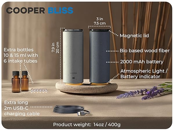 Cooper Bliss Portable Diffuser for Essential Oils – sleek design, extra bottles, long battery life