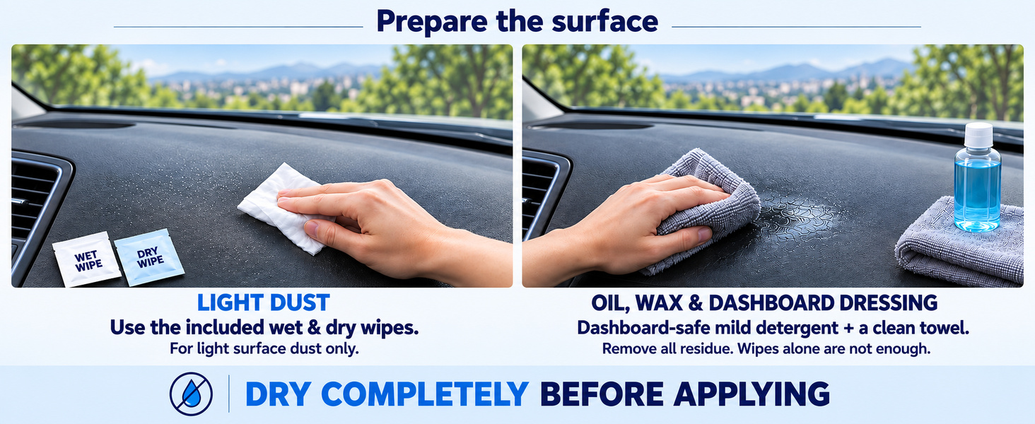 Wipes for light dust only. Use suitable detergent and a towel for oil or wax. Dry completely.