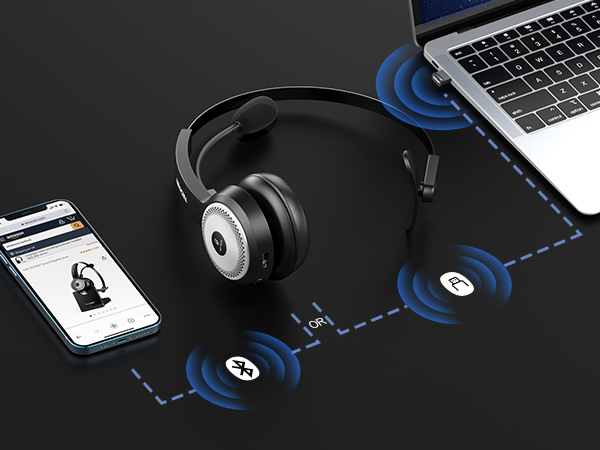 Wireless headphones next to laptop and smartphone. Blue wireless icons indicate Bluetooth connectivity between devices.