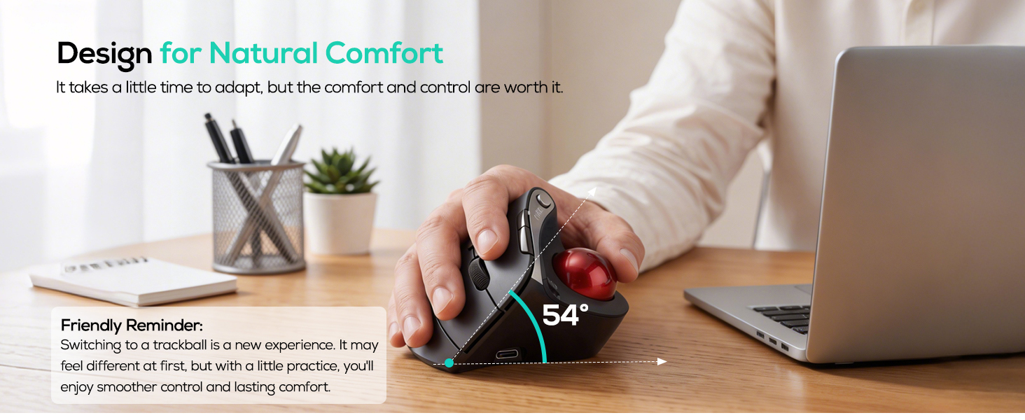 Nulea M506 Wireless Trackball Mouse, 54° Vertical Ergonomic Thumb Control