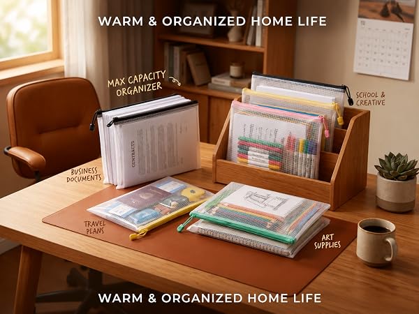 colorful mesh zipper storage pouches organize office stationery documents on home desk