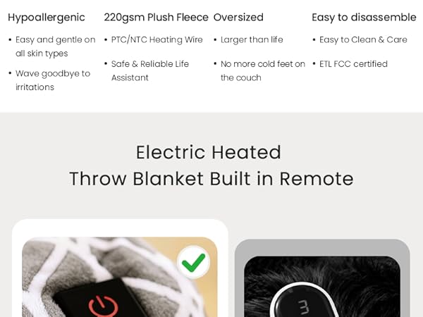 Heated Blanket Electric Throw Blanket with Built-in Button Controller