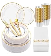 FOCUSLINE 350 Piece Gold Dinnerware Set for 50 Guests, Clear and Gold Plastic Plates Heavy Duty, ...