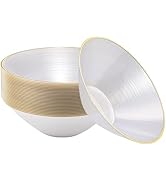 realluck 25 Pack 18oz Pearl White Gold Rim Water Ripple Plastic Soup Bowls, Reusable Heavy Duty D...