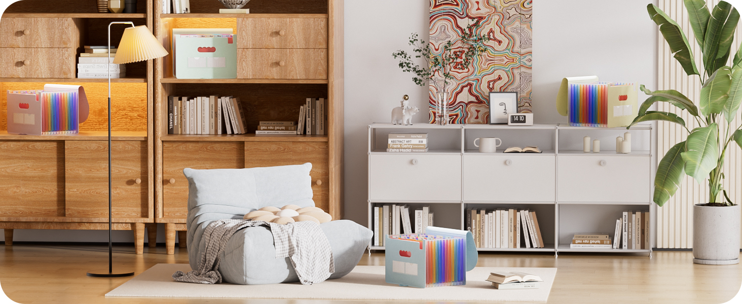 Modern living room interior with wooden shelving units, grey storage furniture, colorful striped decorative elements, and potted plants. Room features a cozy seating area with light textiles.