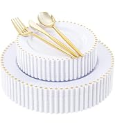 LIYH 150 Pcs White and Gold Plastic Plates - Elegant Disposable Gold Plastic Dinnerware set Inclu...