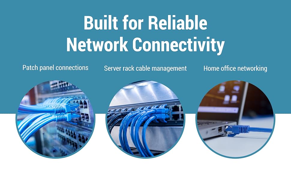 Blue Cat6 cables connect network switches, server racks, and a laptop.