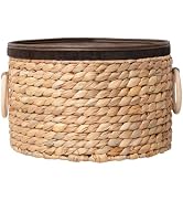 Water Hyacinth Storage Basket with Wooden Lid & Handles, 12.0" D x 6.7" H Handwoven Round Basket ...