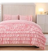 Holawakaka Pink Waterfall Ruffle Comforter Set Twin Size Multi-Layers Ruffled Shabby Chic 3PCS Be...