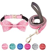 Jumpress Bling Bow Tie Dog Collar and Leash Set, Cute Pink Puppy Dog Collar with 5ft Leash for Sm...