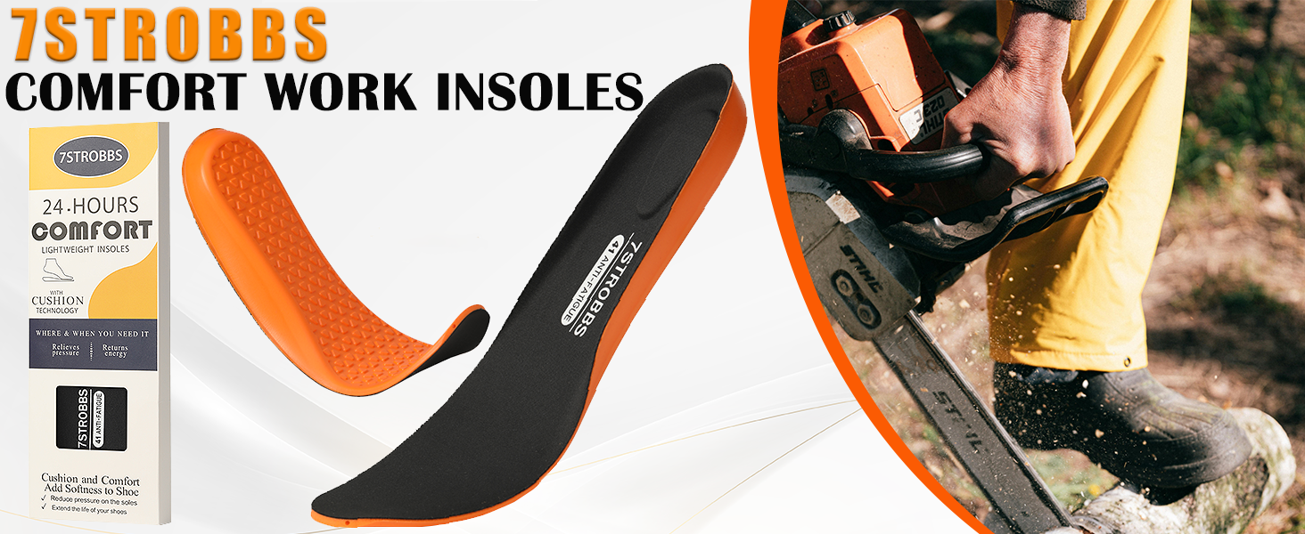 7STROBBS comfort work insoles showing orange and black orthotic shoe inserts, with a demonstration image of work boots in use.