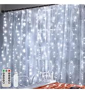 Ollny Curtain Lights 200LED 6.6x6.6ft, USB Christmas Curtain Lights Cool White with Remote 8 Mode...