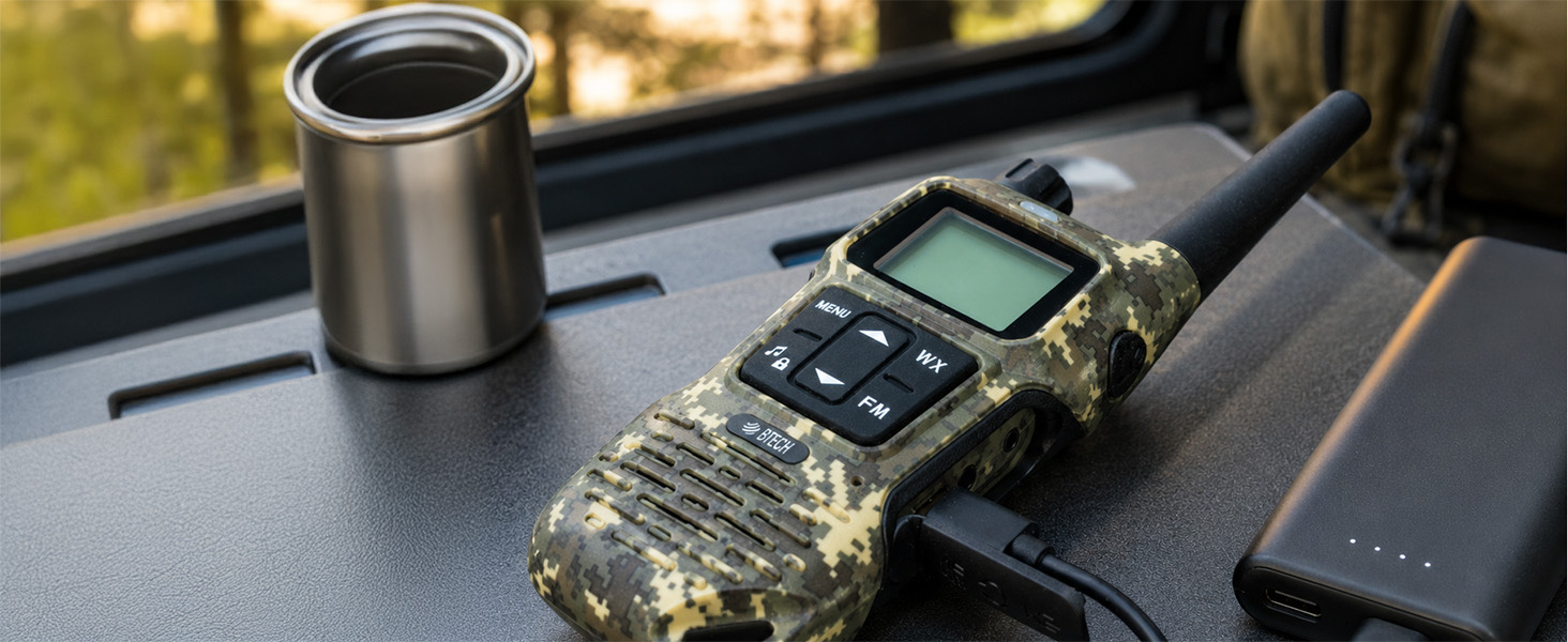 Camo FRS-A1 charging by USB-C from power bank inside vehicle