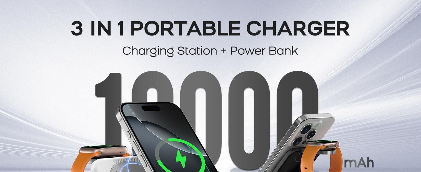 RORRY Portable Charger, 3-in-1 Charging Station 10000mAh Portable Charger Power Bank for MagSafe