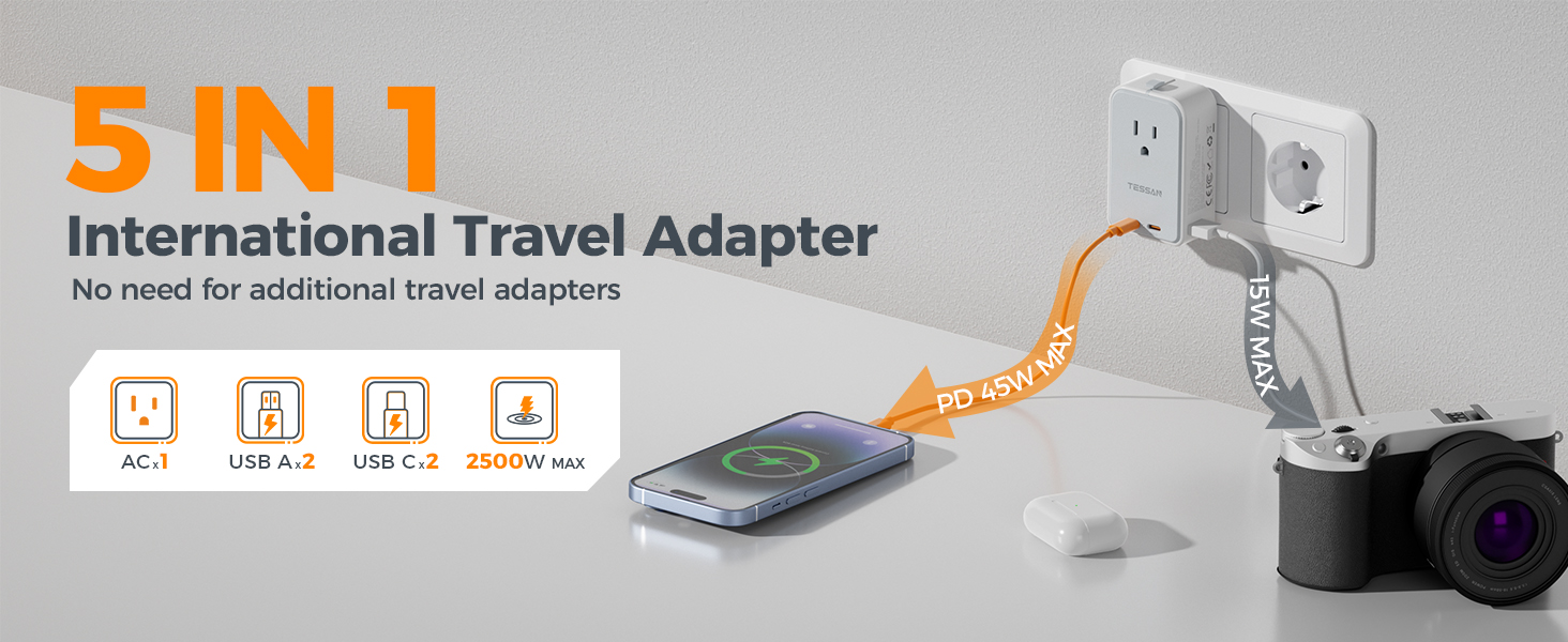 can charge 5 devices simultaneously, wall plug with USB ports suitable