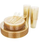WELLIFE 175 Pieces Gold Glitter Plastic Plates with Silverware and Cups, Includes: 50 Plates, 50 ...