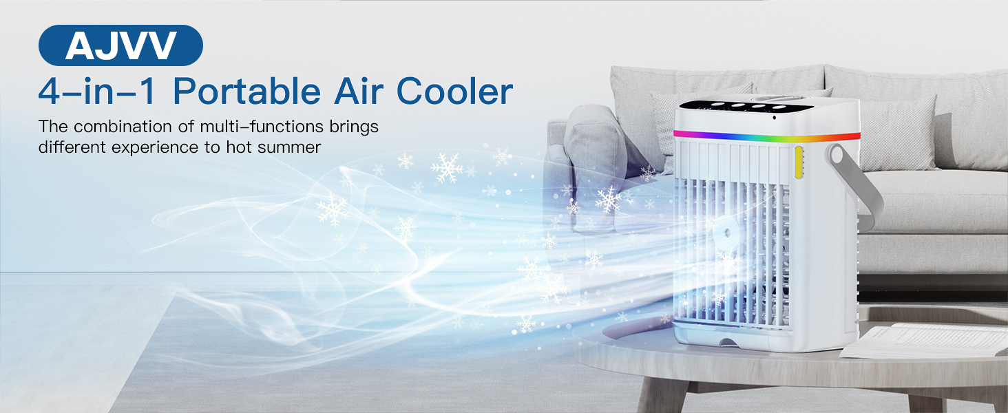 AJVV 4-in-1 Portable Air Cooler with blue cool air stream shown blowing into a living room, indicating multiple functions and portability.