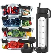 FIT Strong & Healthy 2 & 3 Compartment Glass Meal Prep Containers with BLACK Lids (4 Pack, 32 oz)...